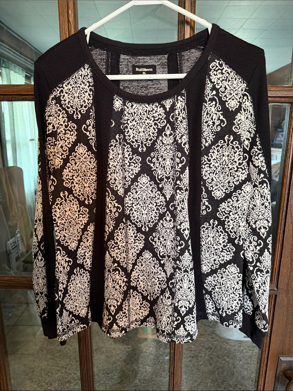 RuffHewn Womens Black White Damask Print Mixed Media Long Sleeve Top PL Petite L